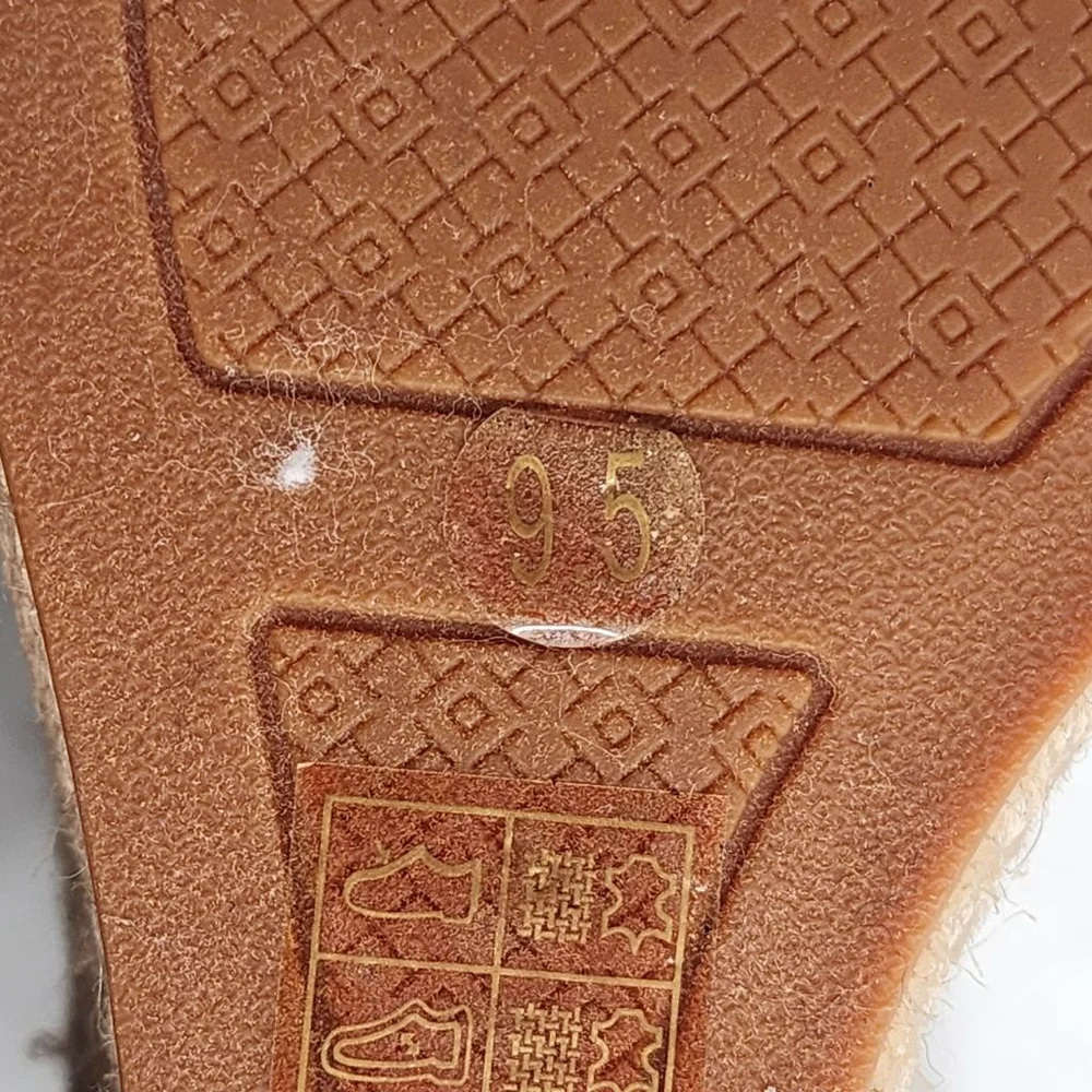 TORY BURCH Frieda Navy Cream Elastic Strap Striped Espadrille Wedge Sandals 9.5